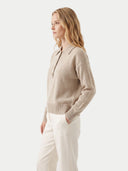 The Cashmere Polo-Collar Sweater in Natural Beige, shown worn.