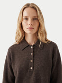 The Cashmere Polo-Collar Sweater in Brown, shown worn.