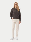 The Cashmere Polo-Collar Sweater in Brown, shown worn.