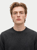 A close-up portrait of a young man with light brown hair wearing a dark gray crew-neck knit sweater, set against a plain light gray background.