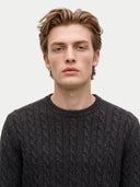 A close-up portrait of a young man with light brown hair wearing a dark charcoal gray cable-knit crewneck sweater, set against a plain light gray background.