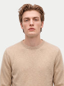 A young man with light brown hair wearing a beige crewneck knit sweater, photographed against a solid light gray background.