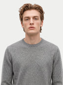 A man wearing a light gray crewneck knit sweater, photographed from the chest up against a plain light gray background.