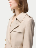 Women's Double Breasted Cashmere Trench Coat Warm Grey worn by model detail view on white background