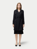 Women's Double Breasted Cashmere Trench Coat Black worn by model front view on white background