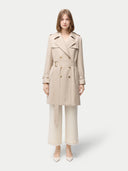 Women's Double Breasted Cashmere Trench Coat Warm Grey worn by model front view on white background