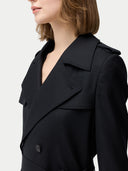 Women's Double Breasted Cashmere Trench Coat Black worn by model detail view on white background