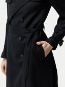 Women's Double Breasted Cashmere Trench Coat Black worn by model detail view on white background