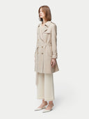 Women's Double Breasted Cashmere Trench Coat Warm Grey worn by model side view on white background