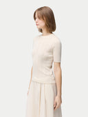 Women's Lace-Knit Cashmere Silk Top Whisper White  worn by model, detail view on white backround