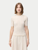 Women's Lace-Knit Cashmere Silk Top Whisper White  worn by model, detail view on white backround