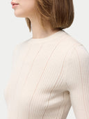 Women's Lace-Knit Cashmere Silk Top Whisper White  worn by model, detail view on white backround