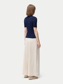 Women's Lace-Knit Cashmere Silk Top Mood Indigo  worn by model, side view on white backround