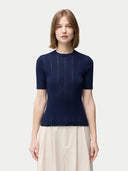 Women's Lace-Knit Cashmere Silk Top Mood Indigo  worn by model, detail view on white backround