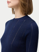 Women's Lace-Knit Cashmere Silk Top Mood Indigo  worn by model, detail view on white backround