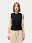 Women's Cashmere Silk Sleeveless Top Black worn by model, detail view on white backround