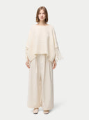 Women's Fringed Sleeve Cashmere Poncho White worn by model, front view on white background
