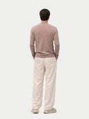 Men Cashmere Silk High Neck  Sweater Taupe worn by model, back view on white background