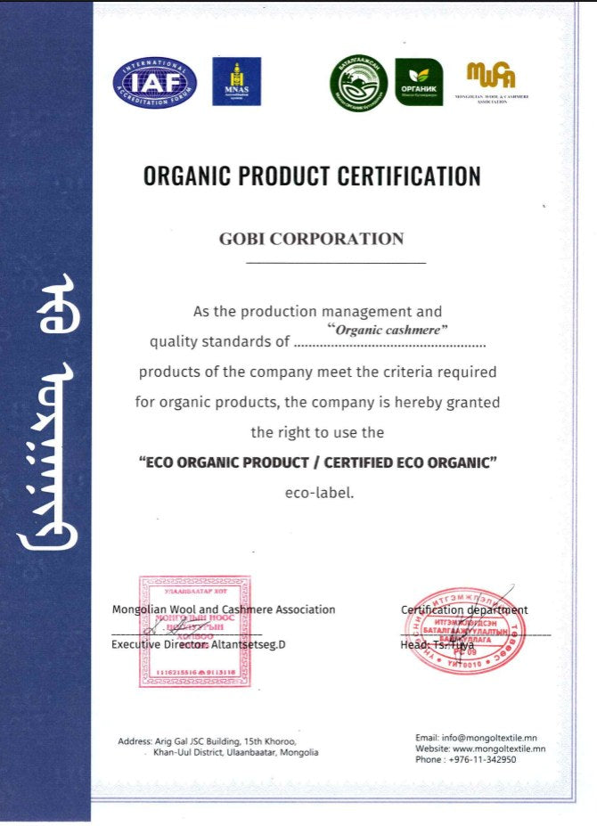 Organic certificate for GOBI’s natural-colour cashmere collection