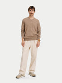 Men's Taupe Cashmere V-Neck Sweater  worn by model, front view on white background