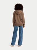 Women's Cashmere Pullover Hoodie Taupe worn by model, back view on white background
