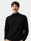 Timeless Mock Neck Cashmere Sweater Black worn by model, detail view, on white background