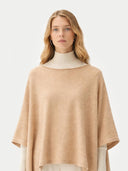 Women's Boat-Neck Cashmere Poncho Beige  worn by model, detail view on white background
