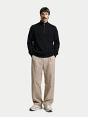 Men's Black  Half-Zip Cashmere Sweater worn by model, front view on white background