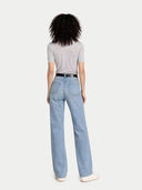 Women's Cashmere Silk Shirt with High Neck Vapor Blue  worn by model, back view on white background