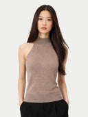 Women's  Taupe Cashmere Turtleneck Top worn by model, detail view on white backround