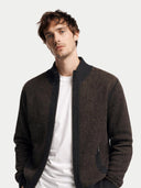 Men's Twо-Tone Full-Zip Cashmere Cardigan Charcoal worn by model, detail view on white background