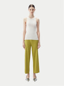 Women's Rib-Knit Silk Cashmere Blend Pants Dark Citron worn by model, front view on white background