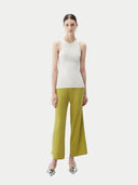 Women's Rib-Knit Silk Cashmere Blend Pants Dark Citron worn by model, front view on white background