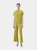 A model is wearing green cashmere t-shirt on a white background #color_nougat-brown 