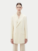 Women's White single-breasted cashmere blazer worn by model, detail view on white background