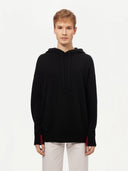 Men's Cashmere Pullover Black worn by model, detail view on white background