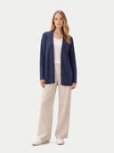 Women's Ajour Knit Open-Front Cashmere Cardigan Crown Blue worn by model, front view on white background