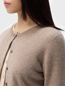 Cashmere Crew Neck Button Cardigan Taupe worn by model, detail view, on white background