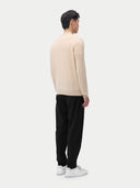 Cashmere Mock Neck Pullover Beige Taupe worn by model, back view, on white background