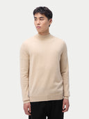 Cashmere Mock Neck Pullover Beige Taupe worn by model, detail view, on white background