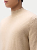Cashmere Mock Neck Pullover Beige Taupe worn by model, detail view, on white background