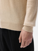 Cashmere Mock Neck Pullover Beige Taupe worn by model, detail view, on white background
