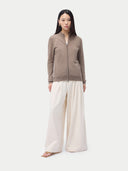 Cashmere Full-Zip Cardigan Taupe worn by model, front view, on white background