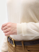 Women's Cashmere Mock Neck Sweater Off White worn by model, detail view, on white background