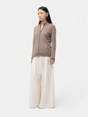 Cashmere Full-Zip Cardigan Taupe worn by model, side view, on white background