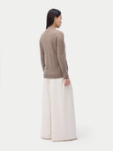Cashmere Full-Zip Cardigan Taupe worn by model, back view, on white background