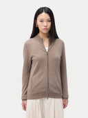 Cashmere Full-Zip Cardigan Taupe worn by model, detail view, on white background