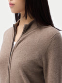 Cashmere Full-Zip Cardigan Taupe worn by model, detail view, on white background