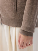 Cashmere Full-Zip Cardigan Taupe worn by model, detail view, on white background