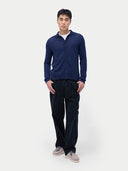 Men's Cashmere Silk Blend Polo-Neck Cardigan Navy worn by model, front view on white background